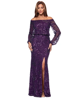 Xscape Women's Sequined Off-The-Shoulder Long-Sleeve Gown