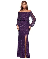 Xscape Women's Sequined Off-The-Shoulder Long-Sleeve Gown