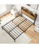 Slickblue Full Size Bed Frame with Storage Headboard, Metal Platform with Charging Station & Bookcase, Black