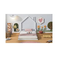 Slickblue Twin Size Metal Floor Bed with House-Shaped Headboard Stylish and Modern Kids' Bed