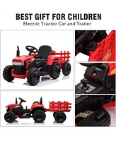 Tobbi 12V Kids Electric Battery-Powered Ride On Toy Tractor with Trailer, Red