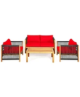 Sugift 4 Pieces Acacia Wood Sofa Set with Cushions for Outdoor Patio