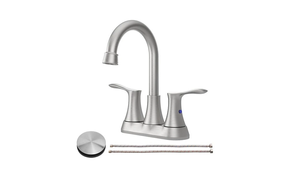 Slickblue Brushed Nickel Bathroom Faucet, 4" 2-Handle Centerset Basin Faucet with Pop-Up Drain and Supply Hoses