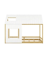 Slickblue Full Size House Bed with Roof and Window, White & Natural Wood Finish, Kids Bedroom Frame