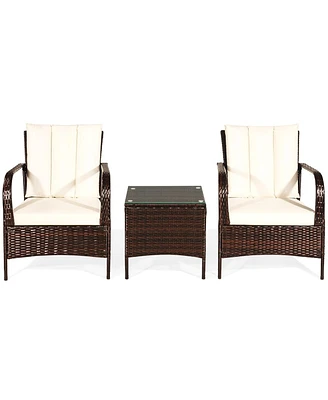 Sugift 3 Pieces Patio Rattan Conversation Set with Glass Top Coffee Table and Cushions