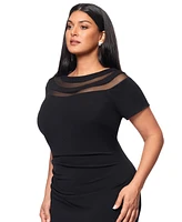 Xscape Plus Illusion Boat-Neck Short-Sleeve Gown