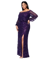 Xscape Plus Sequin Off-The-Shoulder Side-Slit Gown