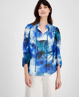 Anne Klein Petite Tulla Watercolor-Print 3/4-Sleeve Top