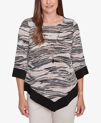 Alfred Dunner Petite Feather Solid Crew Neck Top with Necklace