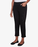 Alfred Dunner Petite Embroidered Floral Denim Fringe Ankle Pants