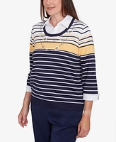 Alfred Dunner Petite Striped Two One Collared Sweater with Necklace