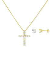 Holiday Lane 2-Pc. Cubic Zirconia Heart Cross Pendant Necklace & Stud Earring Set Sterling Silver, Created for Macy's