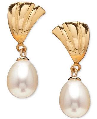 Cultured Freshwater Pearl (7.5-9.5mm) Ridged Fan Drop Earrings in 18k Gold over Sterling Silver, Created for Macy's