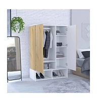 Depot E-Shop Bamboo Armoire, Double Door Cabinets, Five Shelves, Hanging Rod, Two Open Shelves, Light Oak / White