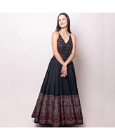 Raas Women's Black Long Dress with Hand Embroidered Torso