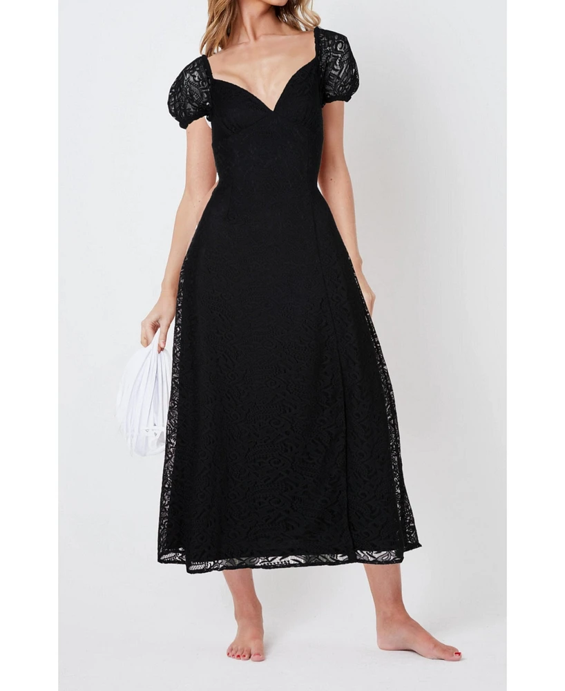 Creea the Label Women's Lace Puff Sleeve Open Back Midi Dress