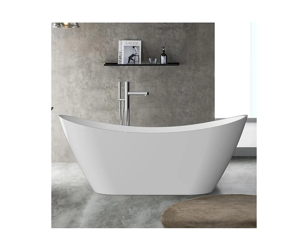 gaomon 59" Freestanding Bathtub, White Acrylic Streamline Stand Alone Soaking Bath Tubs for Adult with Overflow and Drain in Chrome