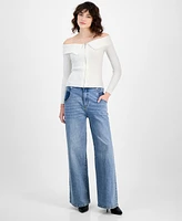 Bar Iii Women's Off-The-Shoulder Zippered Long-Sleeve Top, Exclusively at Macy's