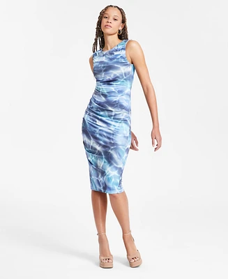 Bar Iii Women's Printed Sleeveless Crewneck Ruched Midi Dress, Exclusively at Macy's