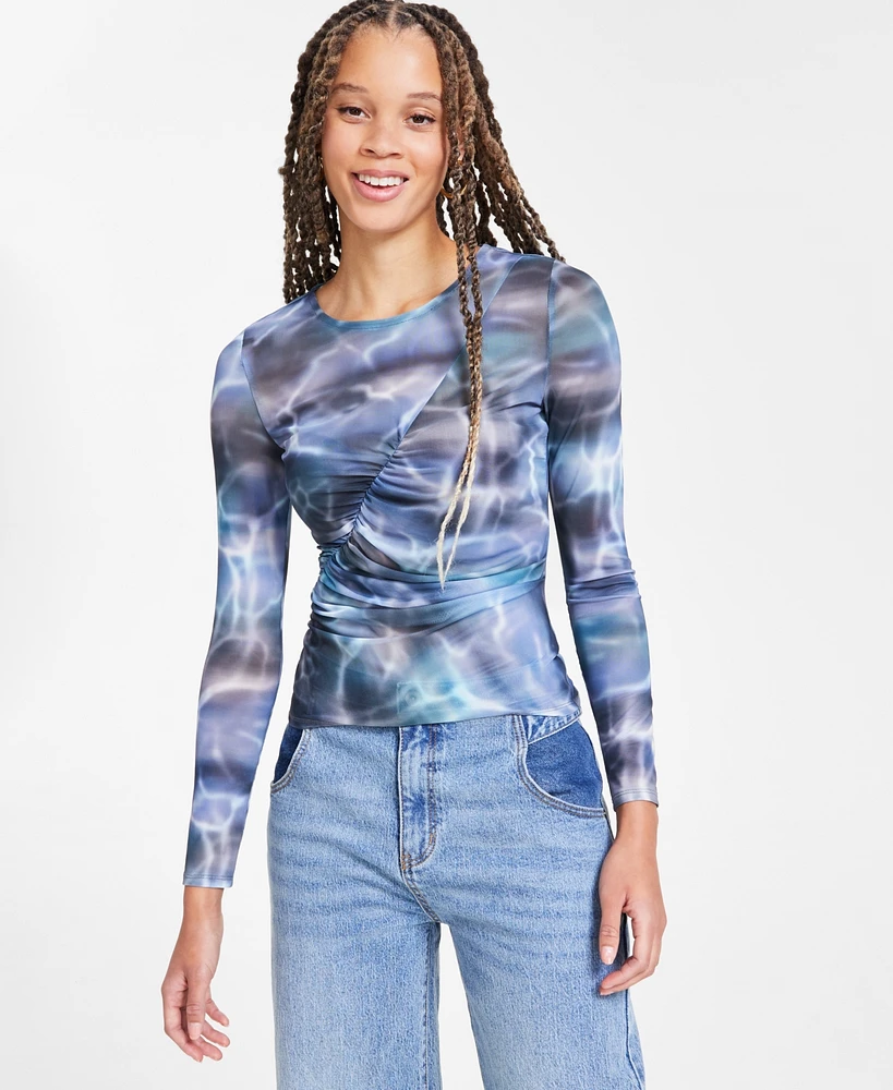 Bar Iii Women's Printed Long-Sleeve Ruched Mesh Top, Exclusively at Macy's