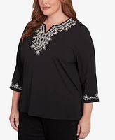 Alfred Dunner Plus Romancing the Stone Split Neck Scroll Embroidered Top