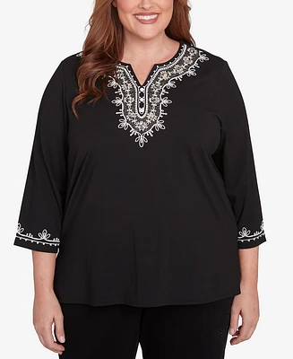 Alfred Dunner Plus Romancing the Stone Split Neck Scroll Embroidered Top