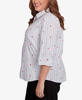 Alfred Dunner Plus Wild at Heart Woven Button Down Top with Stripes Hearts