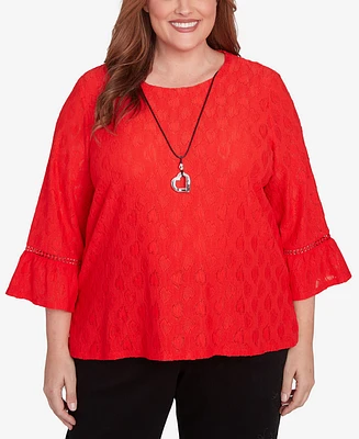 Alfred Dunner Plus Size Wild at Heart Knit Solid Heart Textured Top with Necklace