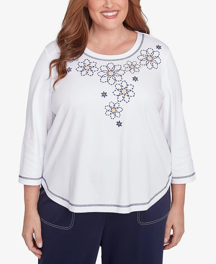 Alfred Dunner Plus Block Island Floral Embroidered Neckline Top