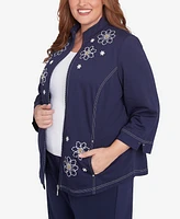 Alfred Dunner Plus Block Island Embroidered Daisy French Terry Jacket