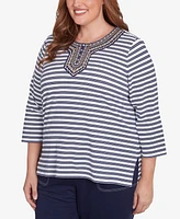 Alfred Dunner Plus Block Island Striped Top with Embroidered Neckline