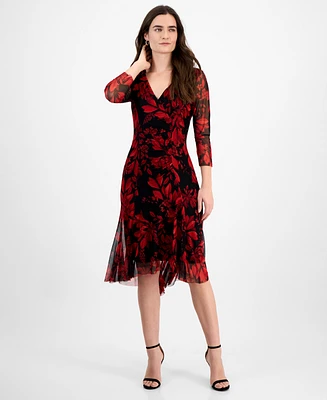 Connected Women's Floral-Print Chiffon 3/4-Sleeve Dress