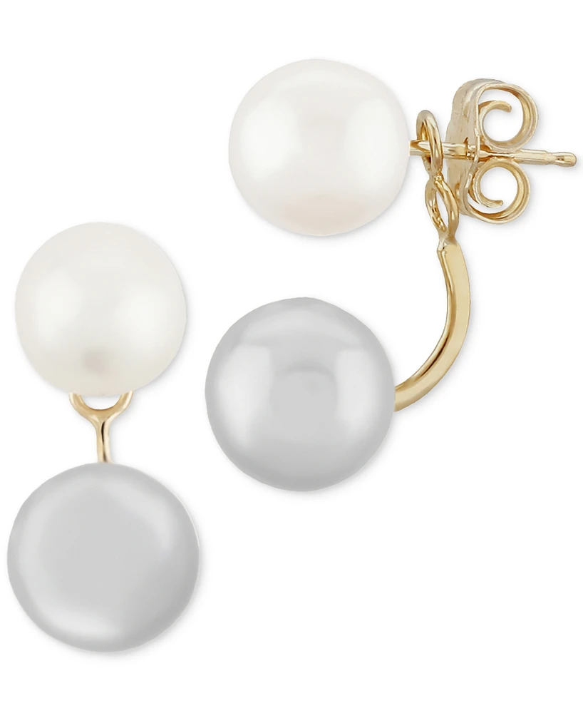 Macy's Two Tone Pearl (8.5mm) Front & Back Earrings 14K Yellow Gold