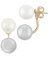 Macy's Two Tone Pearl (8.5mm) Front & Back Earrings 14K Yellow Gold