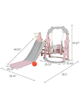 Streamdale Furniture 3-in-1 Kids Swing & Slide Set with Basketball Hoop, Pink+Gray