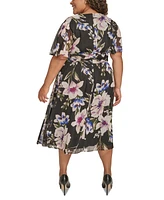 Calvin Klein Plus Floral-Print Flutter-Sleeve Chiffon Dress