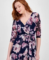 Connected Petites Floral-Print Ruffled 3/4-Sleeve Dress