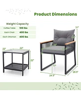 Costway 3 Pcs Outdoor Conversation Set with 2-Layer Side Table Acacia Wood Armrests