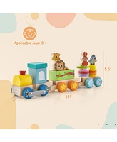 Gouun Wooden Stackable Educational Train Set with Colorful Animal Toys and Retractable Locomotive