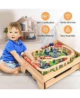Gouun Children's Wooden Railway Set Table with 100 Pieces Storage Drawers