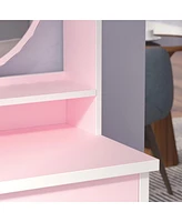 Famapy 5-Drawers Pink Makeup Vanity Dressing Table Set with Stool, Mirror and Storage Shelves Girls