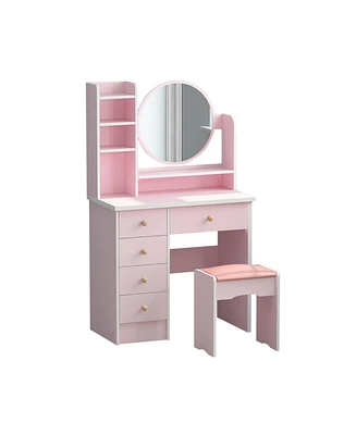 Famapy 5-Drawers Pink Makeup Vanity Dressing Table Set with Stool, Mirror and Storage Shelves Girls