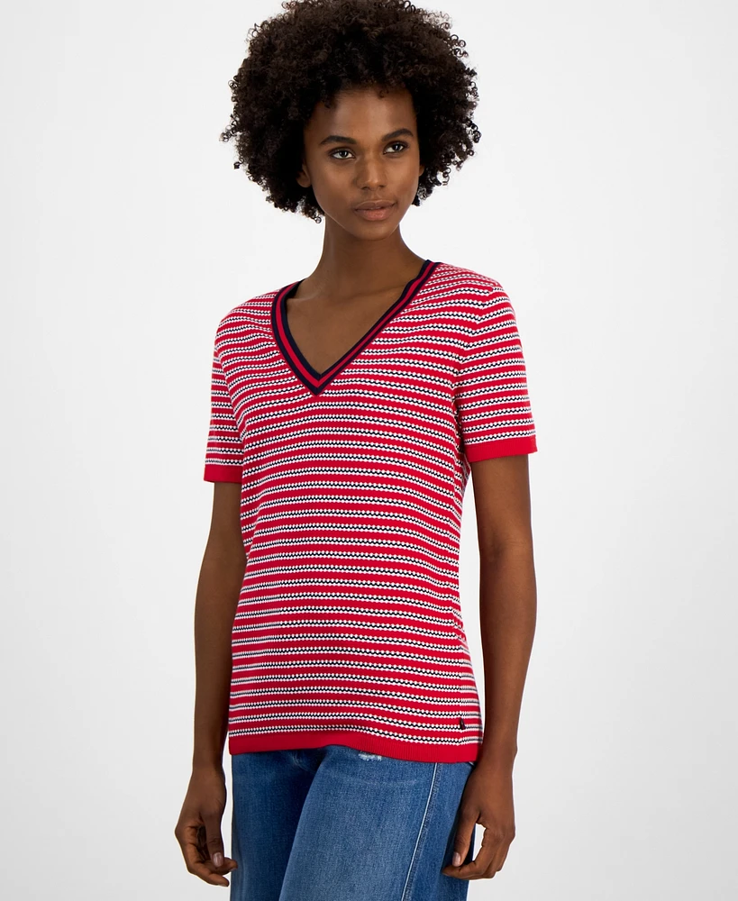 Tommy Hilfiger Women's Cotton Seabrook Striped V-Neck Sweater