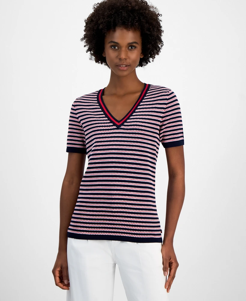 Tommy Hilfiger Women's Cotton Seabrook Striped V-Neck Sweater