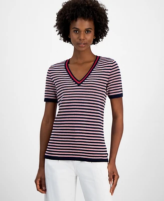 Tommy Hilfiger Women's Cotton Seabrook Striped V-Neck Sweater