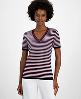 Tommy Hilfiger Women's Cotton Seabrook Striped V-Neck Sweater
