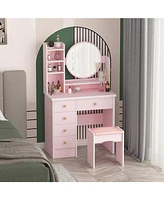 Famapy 5-Drawers Pink Makeup Vanity Dressing Table Set with Stool, Mirror and Storage Shelves Girls