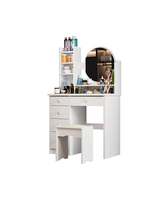 Famapy 5-Drawers Pink Makeup Vanity Dressing Table Set with Stool, Mirror and Storage Shelves Girls Dressing Table