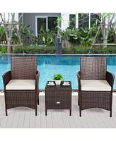 Sugift 3 Pieces Patio Cushioned Rattan Converstaion Set With Glass Table Top