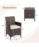 Sugift 3 Pieces Patio Cushioned Rattan Converstaion Set With Glass Table Top